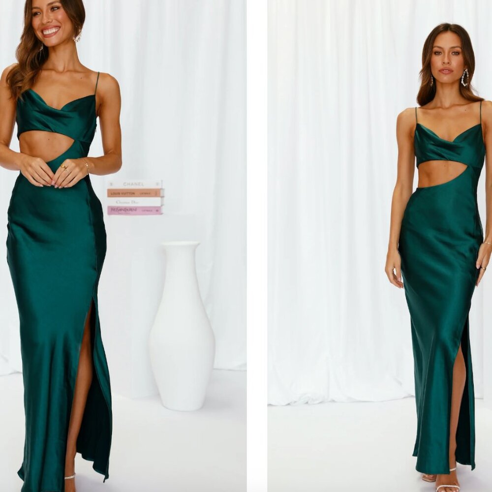 Oceanic Eyes Satin Maxi Dress Dark Green
